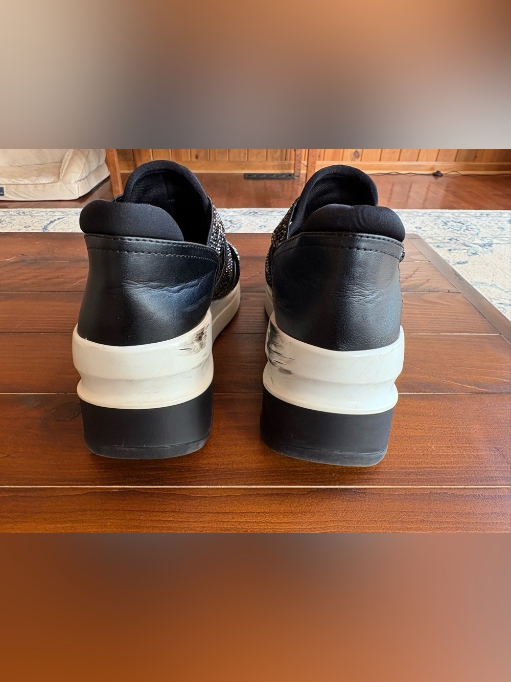 Black 3” Platform Slip-On Sneakers with Embellished Straps, Sz 6-6.5, bling - Picture 5 of 8